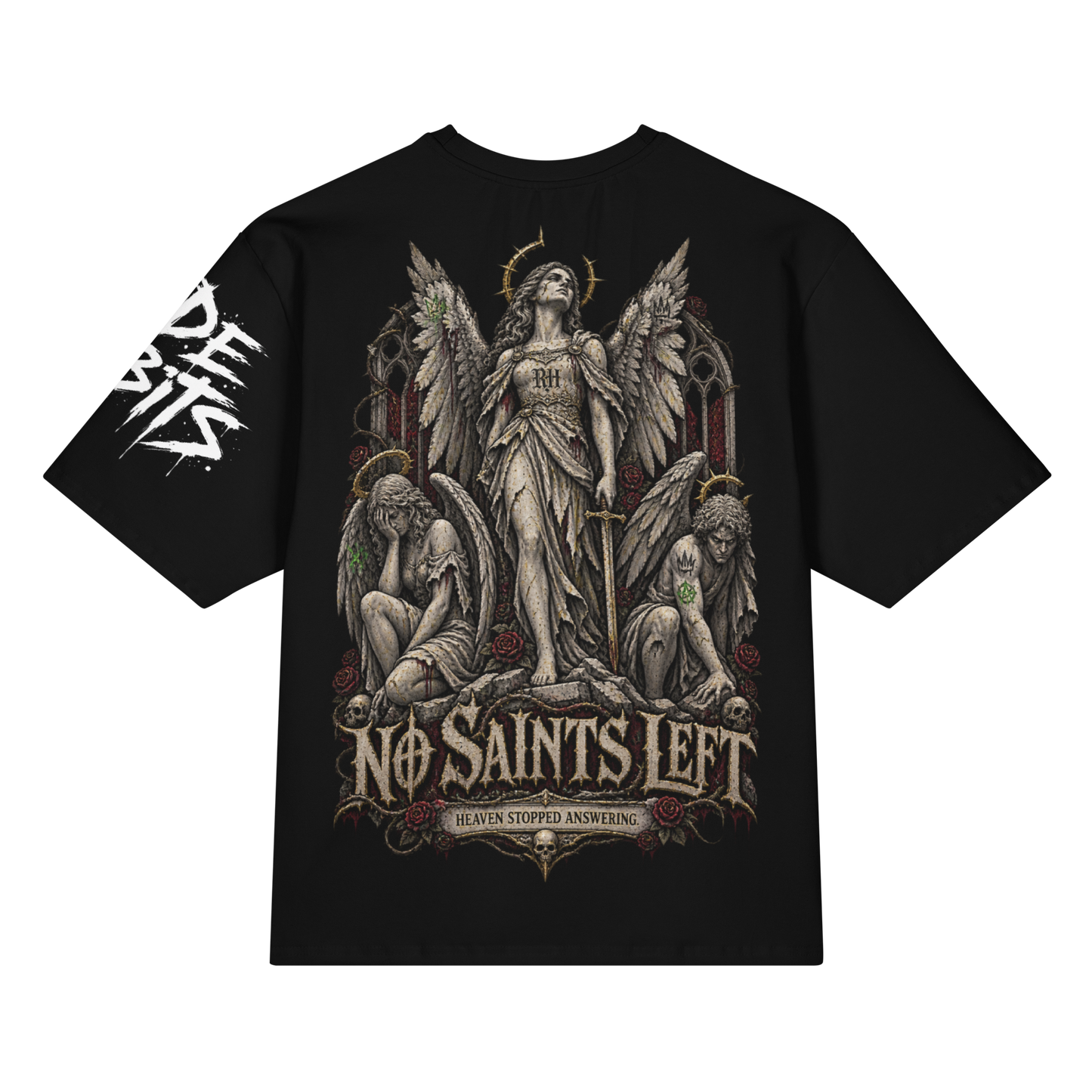 A black short-sleeve graphic t-shirt featuring a detailed gothic illustration of a central angel surrounded by two kneeling angels, with the text 'NO SAINTS LEFT' and 'DEAD STOPPED AND REVENGE' on the front, plus a distressed white graphic on the right sleeve.
