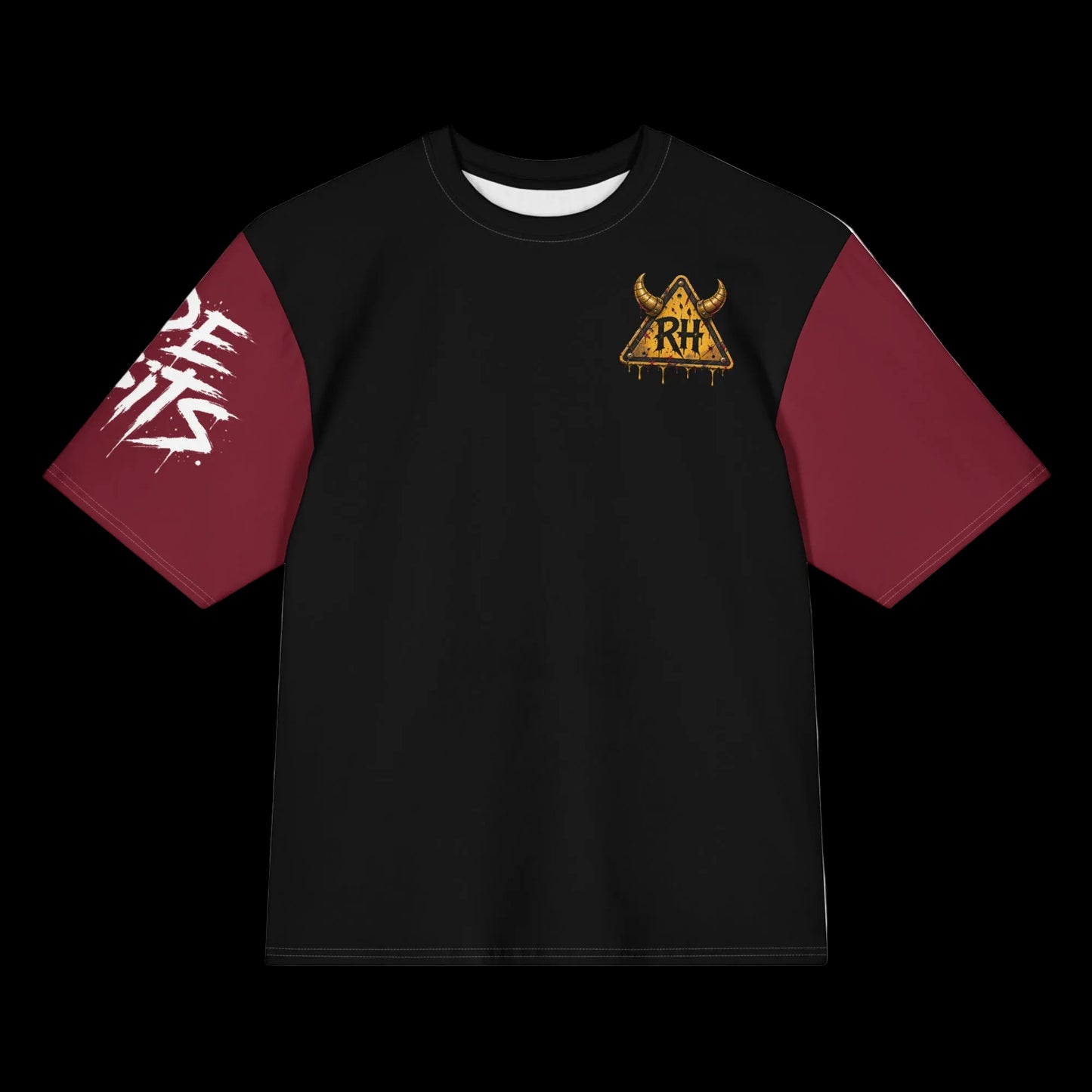 A black and maroon colorblock t-shirt with a gold 'AHR F*CK Y* All Star' graphic on the left chest and a white graphic on the right sleeve, shown on a plain white background.