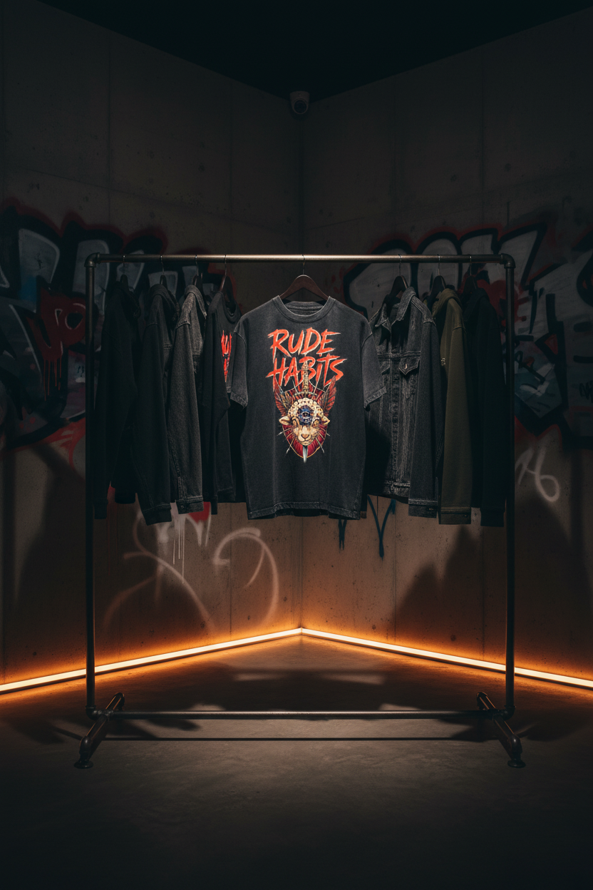 A black graphic t-shirt with a red and orange 'Rude Harlots' design hangs on a clothing rack in a dark, moody room with graffiti on the walls and warm orange under-glow lighting.