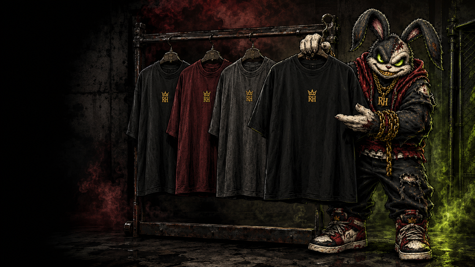 A black graphic t-shirt with a red and orange 'Rude Harlots' design hangs on a clothing rack in a dark, moody room with graffiti on the walls and warm orange under-glow lighting.