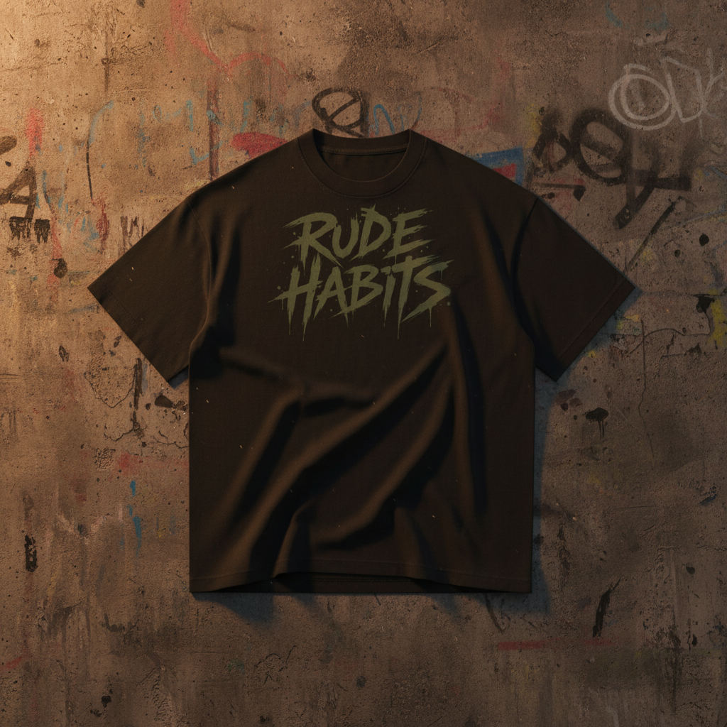 A black short-sleeve crewneck t-shirt featuring a distressed green graphic on the chest that reads 'RUDE HABITS' in a stylized, spray-paint-like font, displayed against a solid white background.
