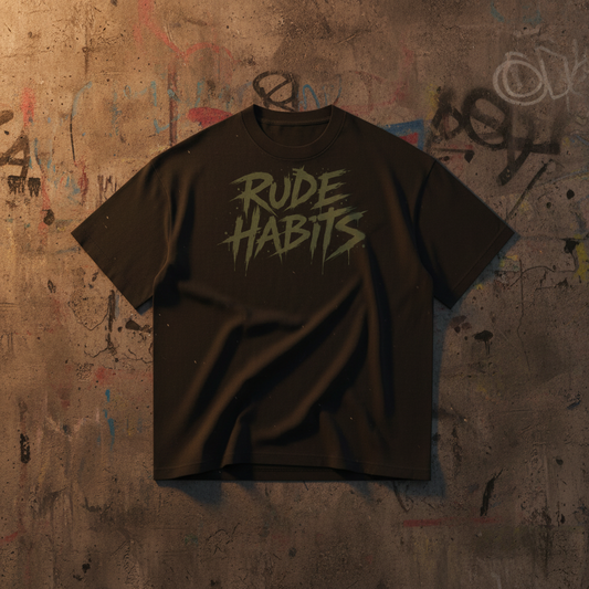 A black short-sleeve crewneck t-shirt featuring a distressed green graphic on the chest that reads 'RUDE HABITS' in a stylized, spray-paint-like font, displayed against a solid white background.