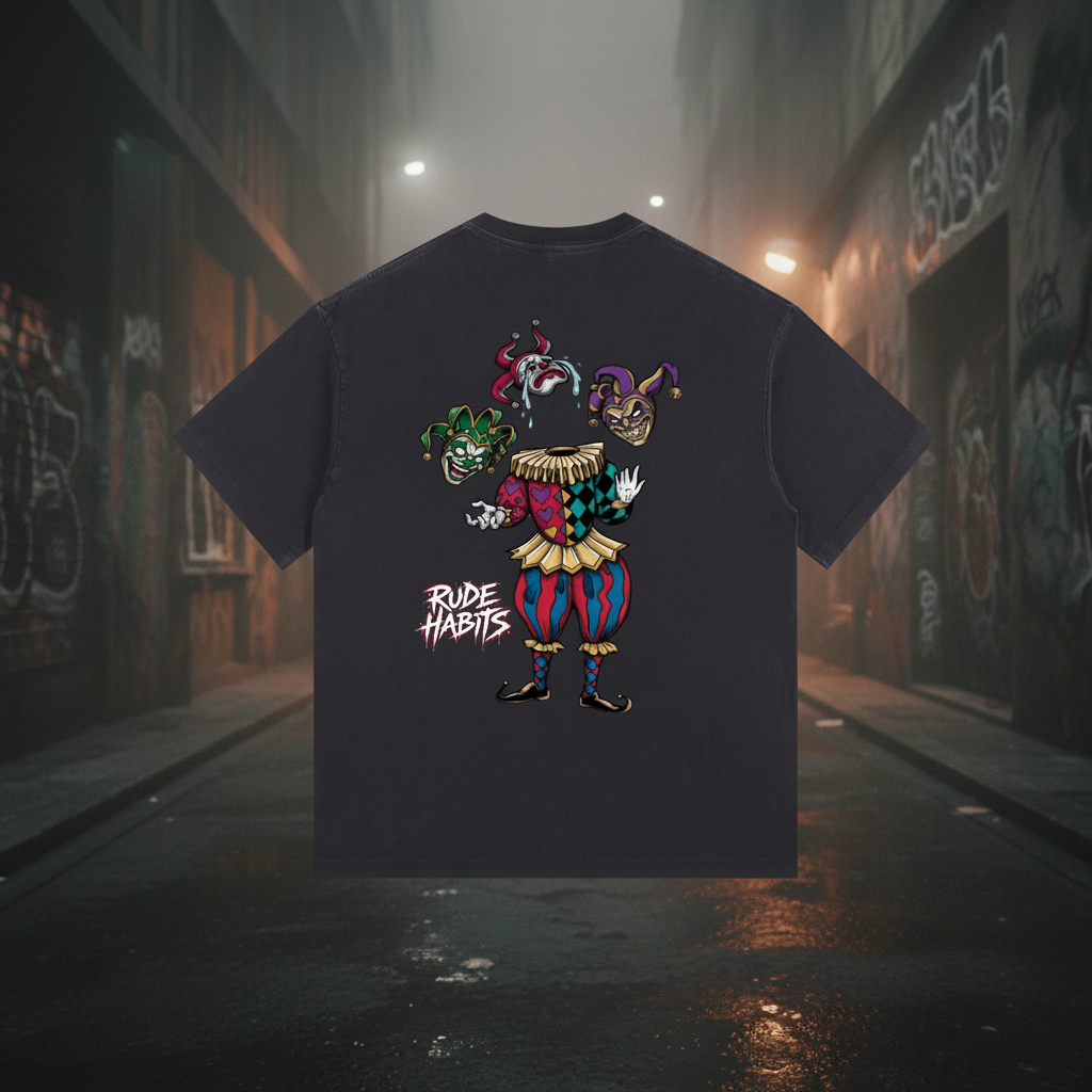 A black short-sleeve t-shirt with a colorful graphic of a jester character and the text 'RUDE HABITS' on the front, shown against a plain white background.