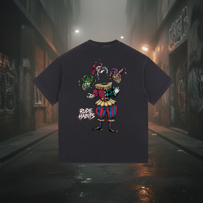 A black short-sleeve t-shirt with a colorful graphic of a jester character and the text 'RUDE HABITS' on the front, shown against a plain white background.
