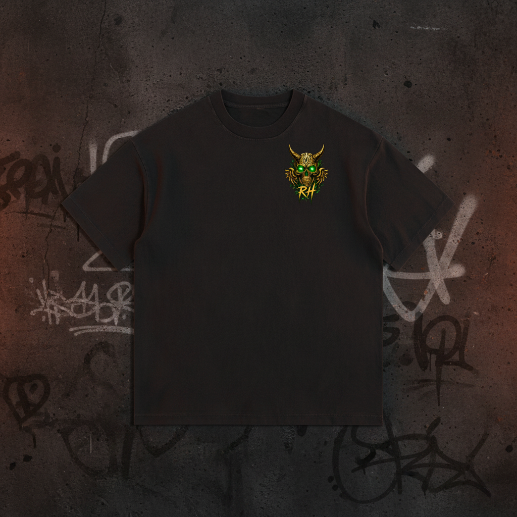 A black short-sleeve crewneck t-shirt with a small graphic on the left chest depicting a green horned creature with the letters 'RH' below it, shown on a plain white background.