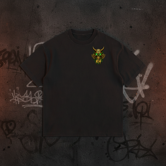 A black short-sleeve crewneck t-shirt with a small graphic on the left chest depicting a green horned creature with the letters 'RH' below it, shown on a plain white background.