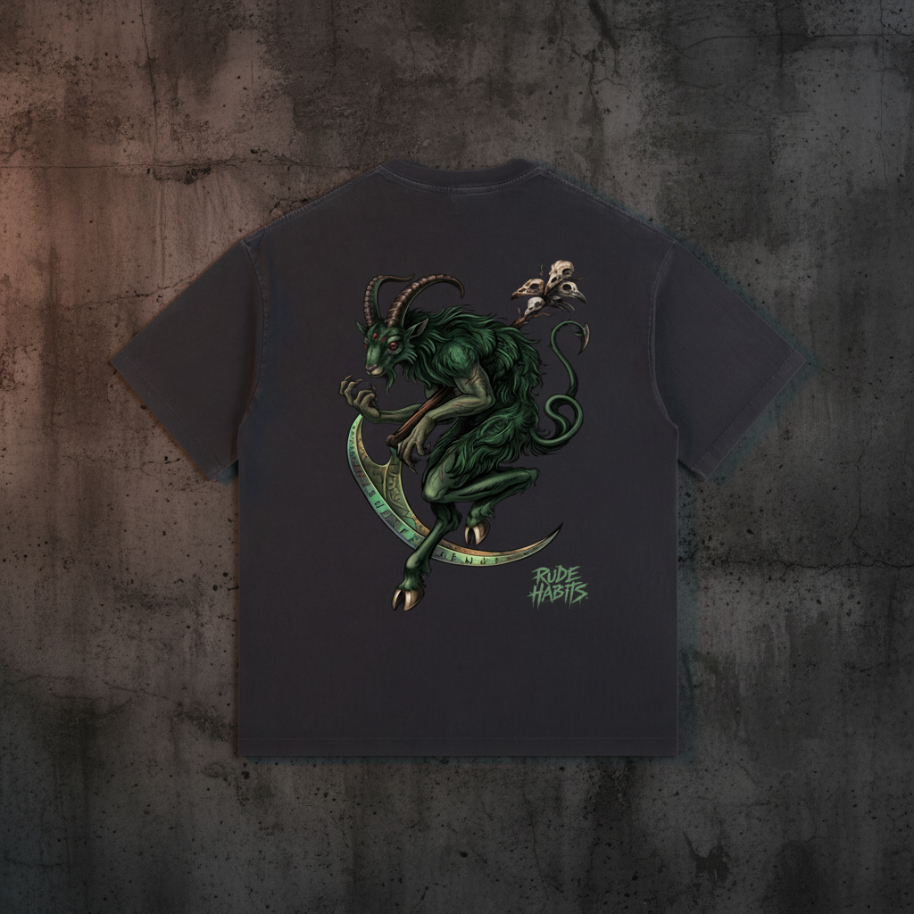 A black short-sleeve t-shirt with a large graphic print on the back featuring a green horned demon riding a crescent moon, with a small figure on its head and the text 'Rude Habits' printed below.