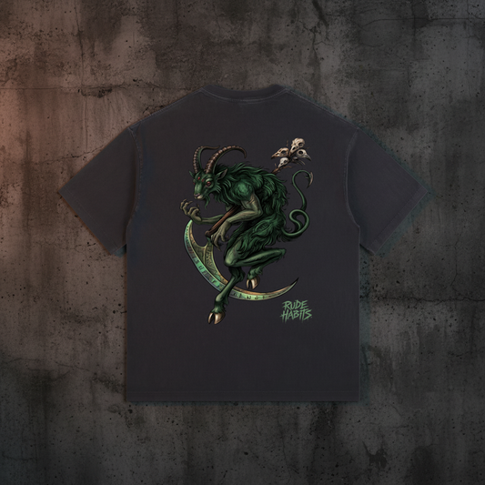 A black short-sleeve t-shirt with a large graphic print on the back featuring a green horned demon riding a crescent moon, with a small figure on its head and the text 'Rude Habits' printed below.