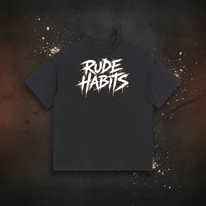 A black short-sleeve t-shirt with a distressed white graphic on the chest reading 'RUDE HABITS' in a stylized, spray-paint-like font, shown against a plain white background.