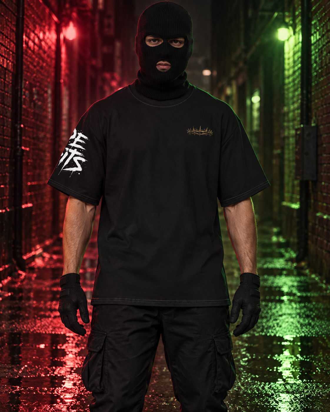 A person wearing a black balaclava, black t-shirt with white and gold graphics, black cargo pants, and black gloves stands in a wet alleyway at night with red and green lighting reflecting on the pavement.