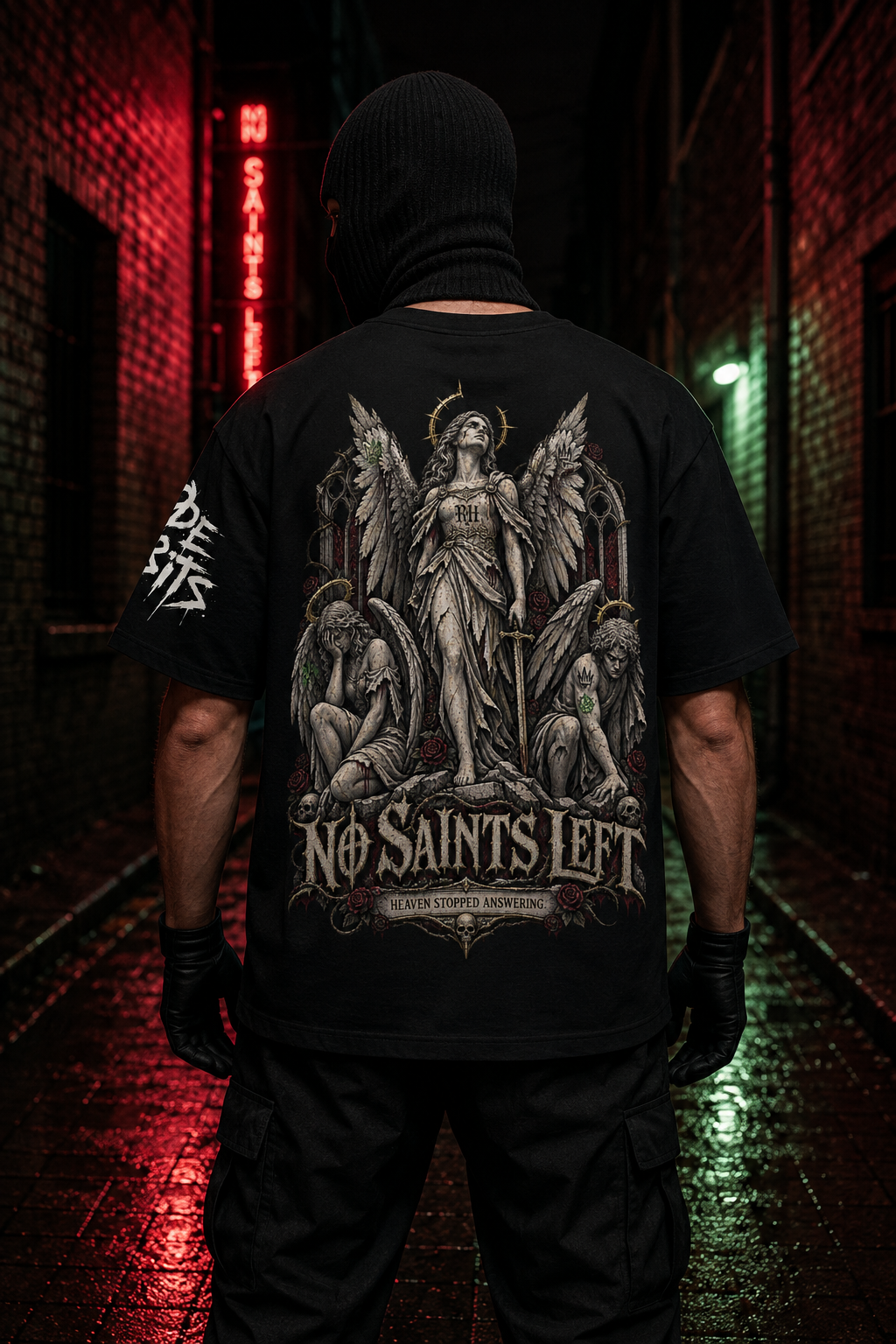 A person standing in a dark alley at night wearing a black graphic T-shirt shown from the back. The shirt features a large grayscale illustration of winged angels and the text 'No Saints Left' with smaller text below.