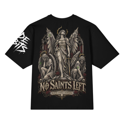 A black short-sleeve graphic t-shirt featuring a detailed gothic illustration of a central angel surrounded by two kneeling angels, with the text 'NO SAINTS LEFT' and 'DEAD STOPPED AND REVENGE' on the front, plus a distressed white graphic on the right sleeve.
