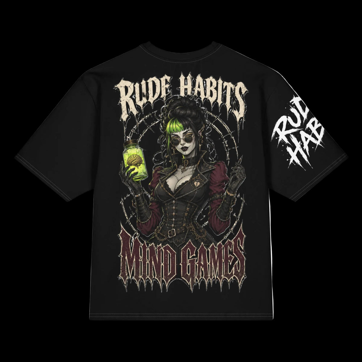 A black short-sleeve graphic t-shirt featuring a gothic-style illustration of a woman with green hair holding a glowing jar, with the text 'RUDE HABITS' and 'MIND GAMES' on the front, plus a sleeve print.