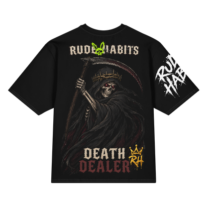 A black short-sleeve graphic t-shirt featuring a grim reaper design with a scythe, crown of thorns, and the text 'RUDE HABITS' and 'DEATH DEALER' on the front, with additional graphics on the sleeves.