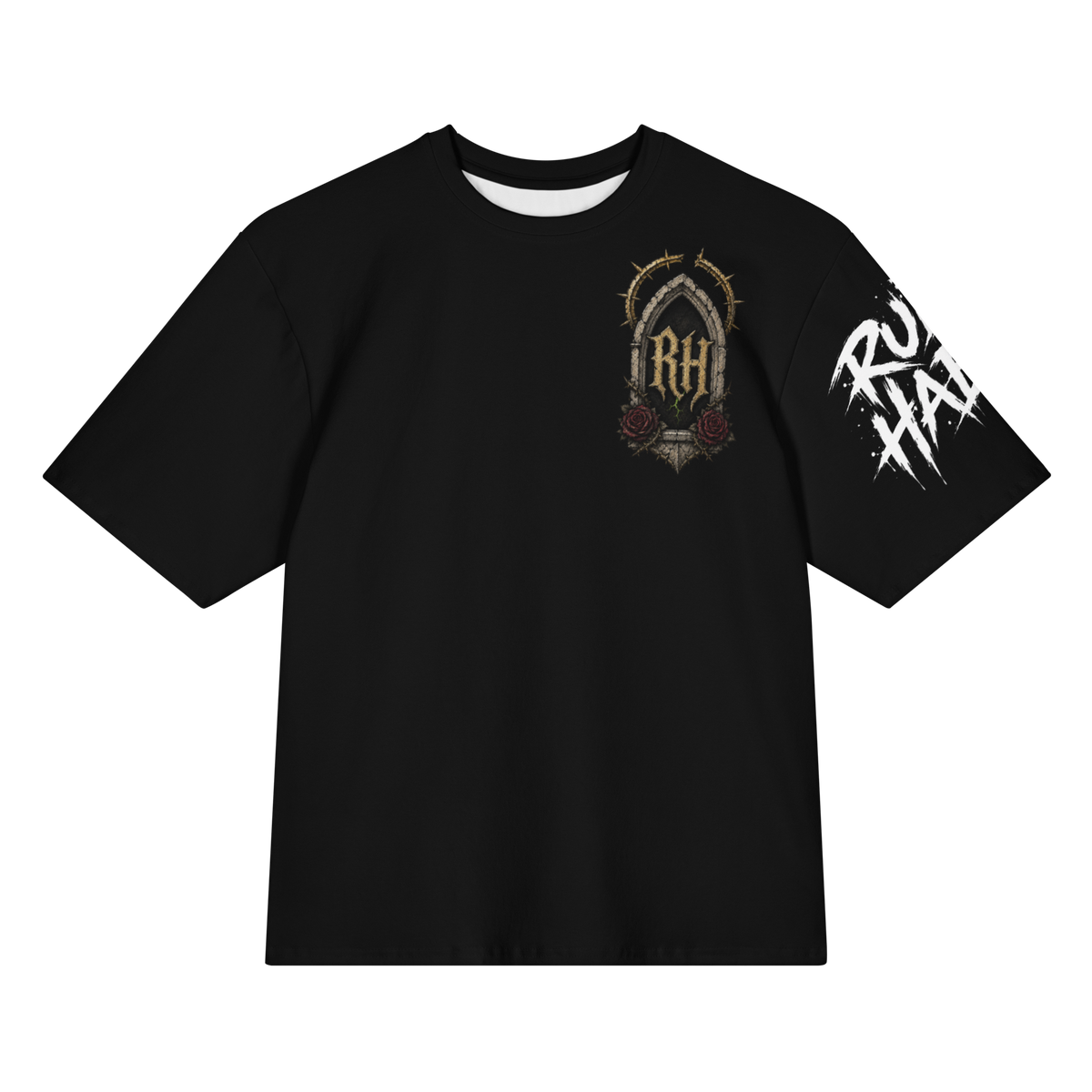 A black short-sleeve t-shirt with a gothic-style graphic on the left chest featuring a crown, thorns, and the letters 'RH' with red roses. The right sleeve features a large white distressed graphic reading 'ROH'.