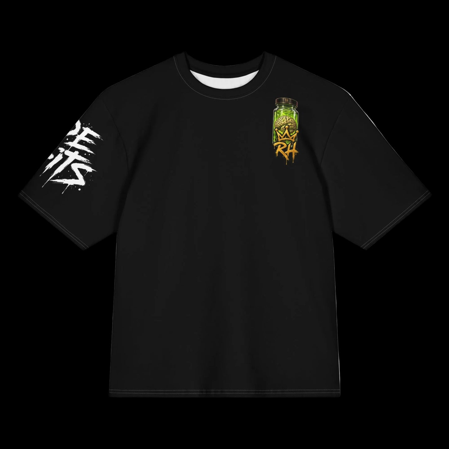 A black short-sleeve t-shirt with a white graphic on the right sleeve and a green and yellow graphic on the left chest, displayed on a solid white background.