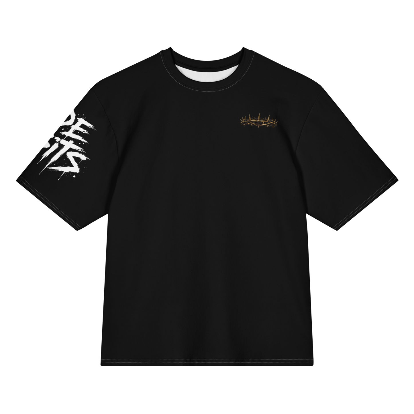 A black short-sleeve crewneck t-shirt with a white distressed graphic on the right sleeve and a small gold logo on the left chest, displayed on a solid white background.