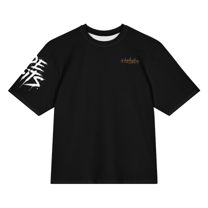 A black short-sleeve crewneck t-shirt with a white distressed graphic on the right sleeve and a small gold logo on the left chest, displayed on a solid white background.