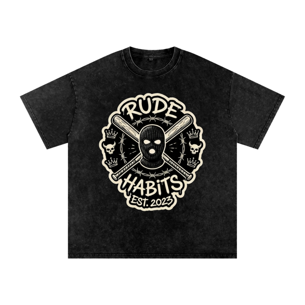 Rude Logo on Snow Washed Oversized Cotton T-Shirt