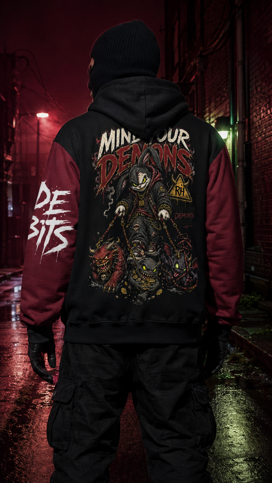 Model wearing the Mind Your Demons hoodie, showing Habit and demon back artwork