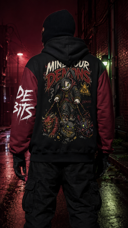 Model wearing the Mind Your Demons hoodie, showing Habit and demon back artwork