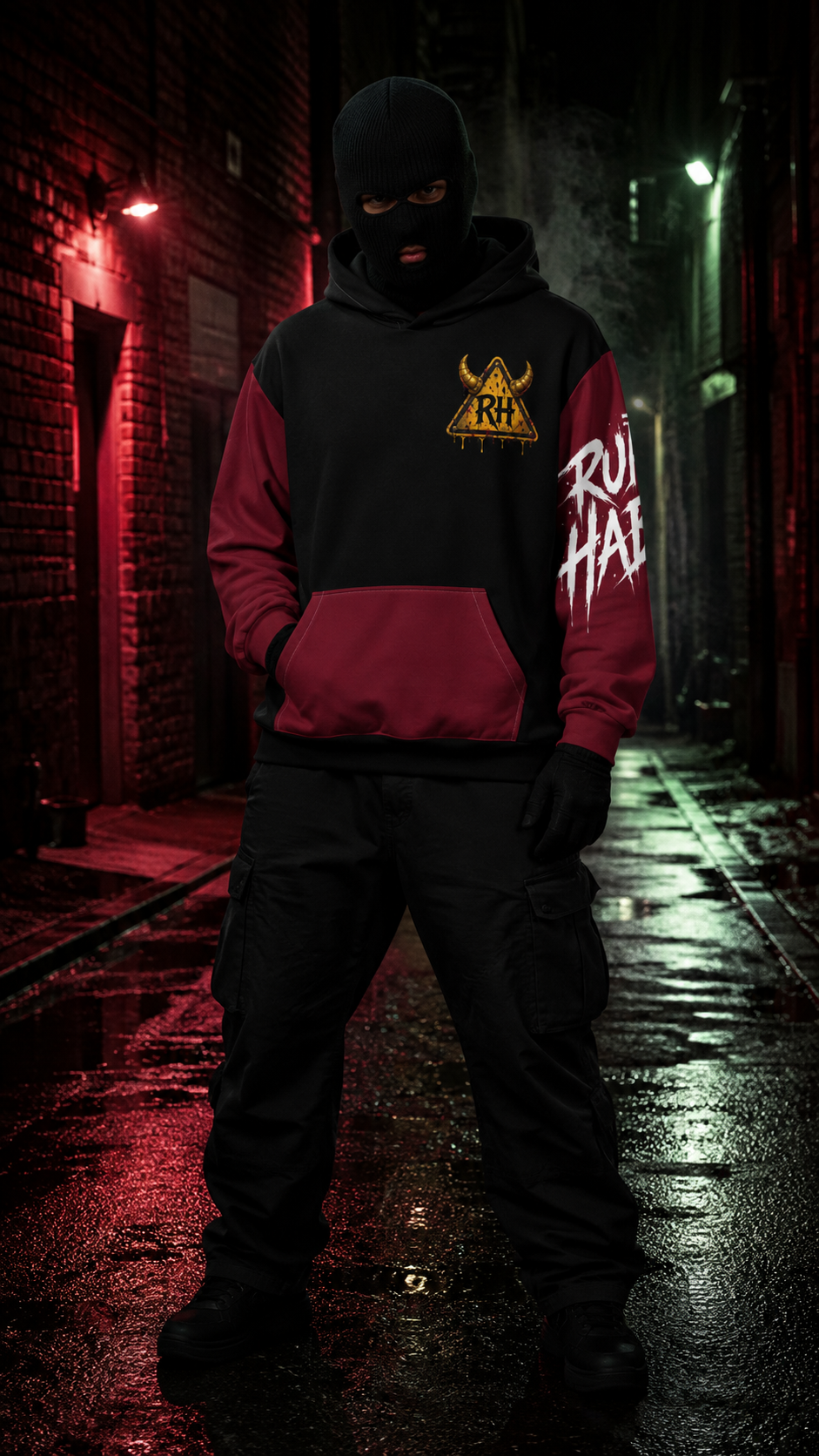 Model wearing the Mind Your Demons hoodie with horned RH chest emblem and burgundy sleeves